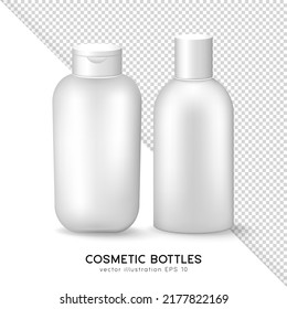 Mockup of white closed cosmetic or medicine plastic bottles with lid. 3D rendering  glossy containers for gel, shampoo, lotion, bath foam, moisturizer, cream, etc. Blank skincare product template. 