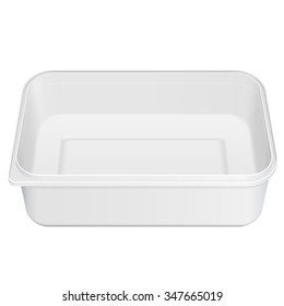 Mockup White Empty Blank Styrofoam Plastic Food Tray Container Box Opened, Cover. Illustration Isolated On White Background. Mock Up Template Ready For Your Design. Vector EPS10