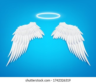 Mockup of white feathers angel wings with glowing holy nimbus template, realistic vector illustration isolated on sky blue background. Template of angels attributes.