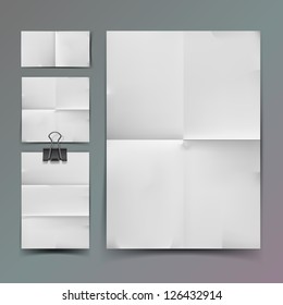 Mockup Of White Folded Paper Set And Element For Attaching Paper Paperclip, Vector Image