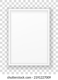 Mockup White Frame Photo On Wall. Mock Up Picture Framed. Horizontal Boarder With Shadow. Empty Photoframe Isolated On Transparent Background. Design Border Prints Poster And Painting Image. Vector