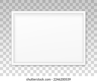 Mockup white frame photo on wall. Mock up picture framed. Horizontal boarder with shadow. Empty photoframe isolated on transparent background. Design border prints poster and painting image. Vector