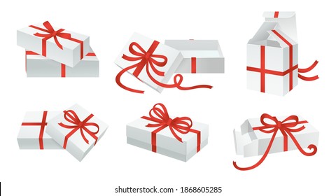 Mockup white giftbox bows set. Container with red ribbon tape decoration. Various carton boxes template collection. Blank cardboard design Birthday Celebration, Christmas Party. Vector illustration