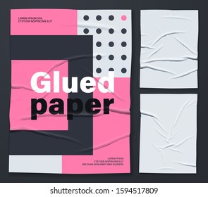 Mockup of white glued wrinkled poster. Set of vector realistic crumpled wet glued paper posters. Cool modern posters that are easy to edit and use in your presentation. Everything is grouped by layers