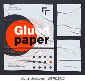 Mockup of white glued wrinkled poster. Set of vector realistic crumpled wet glued paper posters. Cool modern posters that are easy to edit and use in your presentation. Everything is grouped by layers