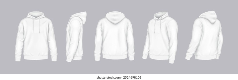 Mockup white hoodies of different perspectives realistic vector illustration set. Casual outfit with logo mockup 3d models on grey background