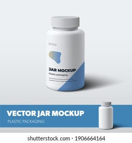 A mockup of a white jar with a screw cap, with a blue design and realistic shadows. Bottle vector template for beauty industry or pharmacy, isolated on background. Packaging design presentation