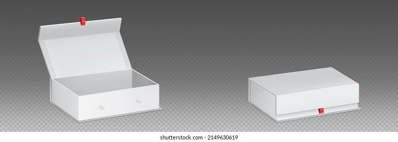 Mockup of white magnet box for gift, jewelry, perfume or cosmetic products. Vector realistic template of 3d open and closed blank cardboard package with magnetic lock and red ribbon