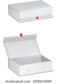 Maqueta de caja de imán blanco para regalo, joyería, perfume o productos cosméticos. Vector Plantilla realista de 3D abierto y cerrado paquete de cartón en blanco con cerradura magnética y cinta roja