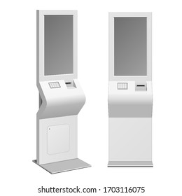 Mockup White Metal ATM, Automated Teller Machine, Payment Terminal, Advertising Stand Isolated On White Background. 3D Mock Up, Template.