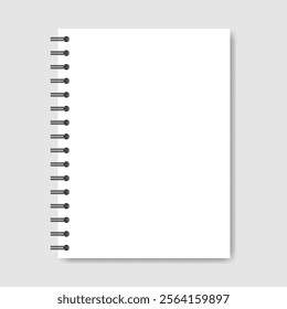 Mockup of a white notebook with spiral. A5 format. Shiny metal binder clip. Mockup of a small book, diary, notepad. Copybook, white sheets of paper with black binder