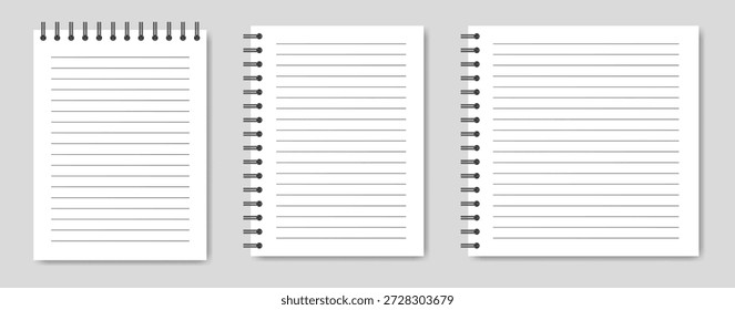 Modell eines weißen Notizbuchs mit Spirale. A5 und quadratisches Format. Glänzende Metall-Binderklammer. Modell eines kleinen Buches, Tagebuch, Notizblock. Copybook, weiße Blätter mit schwarzem Bindemittel. Papier mit Einlage