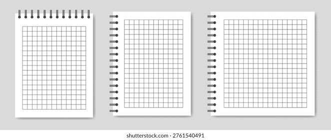Mockup of a white notebook with spiral. A5 and square format. Shiny metal binder clip. Mockup of a small book, diary, notepad. Copybook, white sheets of paper with black binder. Grid pattern