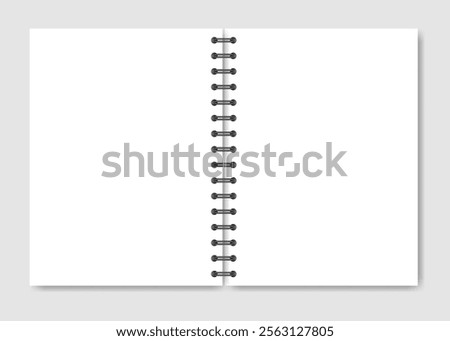 Mockup of a white notebook with spiral. Shiny metal binder clip. Mockup of a small book, diary, notepad. Open copybook, white sheets of paper with black binder. A5 format