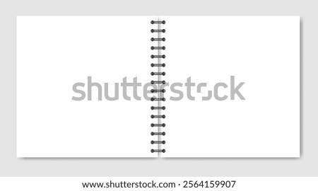 Mockup of a white notebook with spiral. Shiny metal binder clip. Mockup of a small book, diary, notepad. Open copybook, white sheets of paper with black binder. Square format