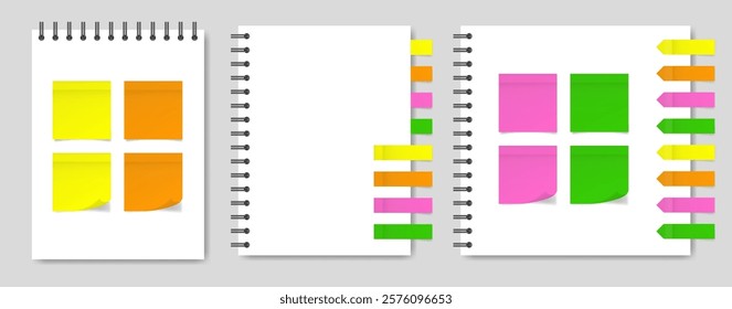 Mockup of a white notebook with spiral and stickers. Stick in notes. Green, yellow, pink and orange colors. Tag, sticky note. Pointed bookmarks	