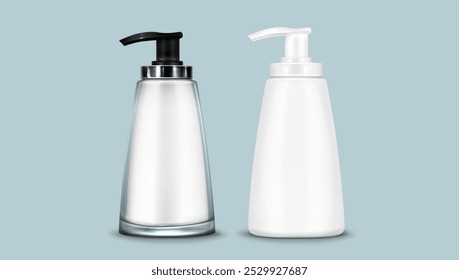 Maqueta de plástico opaco blanco y botella cosmética de vidrio transparente con tapa de la bomba. Conjunto realista de Ilustración vectorial 3D de gel líquido para el cuidado del cuerpo y la cara o contenedor de loción o frasco con dispensador.