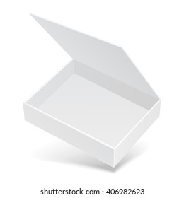 Mockup White Open Flying Product Cardboard Package Box With Shadow. Illustration Isolated On White Background. Mock Up Template Ready For Your Design. Vector EPS10