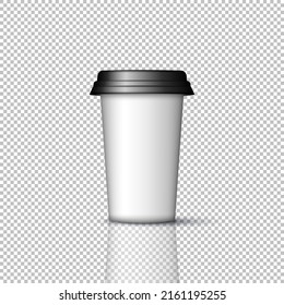 Mockup of white paper coffee cup with lid. Plastic cup for drinks - latte, cappuccino, espresso, tea, juice, cocktails. 3D realistic coffee cup template isolated on transparent background. 