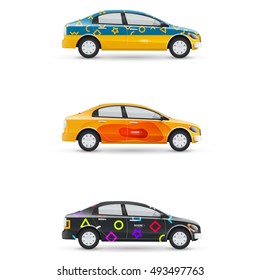Mockup of white passenger car. Set of design templates for transport. Branding for advertising, business and corporate identity with modern geometric shapes.