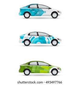 Mockup of white passenger car. Set of design templates for transport. Branding for advertising, business and corporate identity with modern geometric shapes.