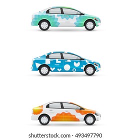 Mockup of white passenger car. Set of design templates for transport. Branding for advertising, business and corporate identity with modern geometric shapes.