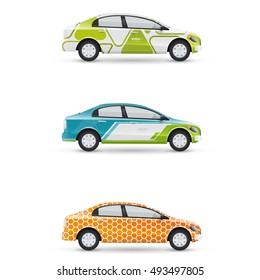 Mockup of white passenger car. Set of design templates for transport. Branding for advertising, business and corporate identity with modern geometric shapes.
