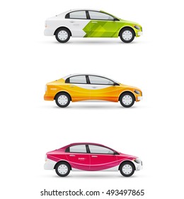 Mockup of white passenger car. Set of design templates for transport. Branding for advertising, business and corporate identity with modern geometric shapes.