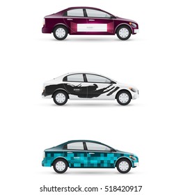 Mockup of white passenger car. Set of design templates for transport. Branding for advertising, business and corporate identity.