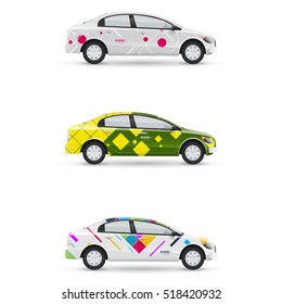 Mockup of white passenger car. Set of design templates for transport. Branding for advertising, business and corporate identity.