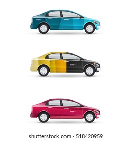 Mockup of white passenger car. Set of design templates for transport. Branding for advertising, business and corporate identity.