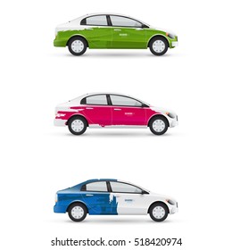 Mockup of white passenger car. Set of design templates for transport. Branding for advertising, business and corporate identity.