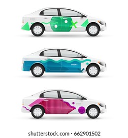 Mockup of white passenger car. Set of design templates for transport in modern geometric style. Branding for advertising, business and corporate identity.