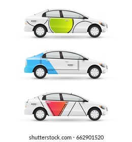 Mockup of white passenger car. Set of design templates for transport in modern geometric style. Branding for advertising, business and corporate identity.