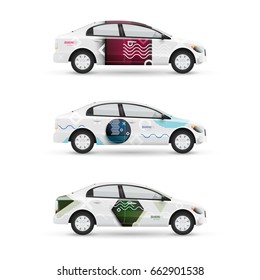 Mockup of white passenger car. Set of design templates for transport in modern geometric style. Branding for advertising, business and corporate identity.