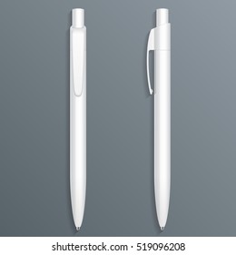 Mockup White Pen, Pencil, Marker Set Of Corporate Identity And Branding Stationery Templates. Illustration Isolated On Gray Background. Mock Up Template Ready For Your Design. Vector