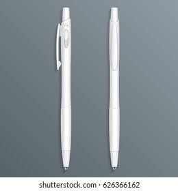Mockup White Pen, Pencil, Marker Set Of Corporate Identity And Branding Stationery Templates. Illustration Isolated On Gray Background. Mock Up Template Ready For Your Design. Vector