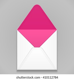 Mockup White Pink Violet Purple Blank Envelope. Illustration Isolated On Gray Background. Mock Up Template Ready For Your Design. Vector EPS10
