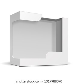 Mockup White Product Cardboard Plastic Package Box With Window. Illustration Isolated On White Background. Mock Up Template Ready For Your Design. Vector EPS10