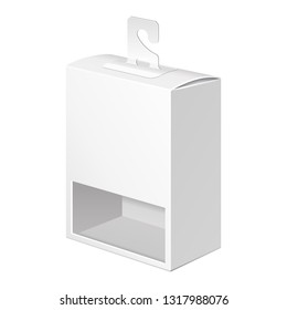 Mockup White Product Cardboard Plastic Package Box With Hang Slot And Window. Illustration Isolated On White Background. Mock Up Template Ready For Your Design. Vector EPS10