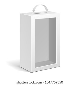 Mockup White Product Cardboard Plastic Package Box With Handle And Window. Illustration Isolated On White Background. Mock Up Template Ready For Your Design. Vector EPS10