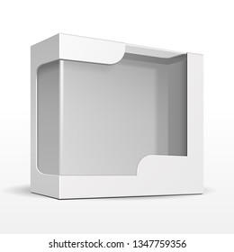 Mockup White Product Cardboard Plastic Package Box With Window. Illustration Isolated On White Background. Mock Up Template Ready For Your Design. Vector EPS10