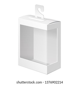 Mockup White Product Cardboard Plastic Package Box With Hang Slot And Window. Illustration Isolated On White Background. Mock Up Template Ready For Your Design. Vector EPS10