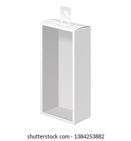 Mockup White Product Cardboard Plastic Package Box With Hang Slot And Window. Illustration Isolated On White Background. Mock Up Template Ready For Your Design. Vector EPS10