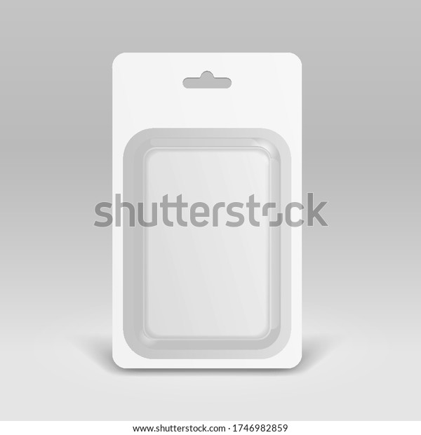 Mockup White Product Package Box\
Blister. Illustration On Gray Background. Mock Up\
Template.