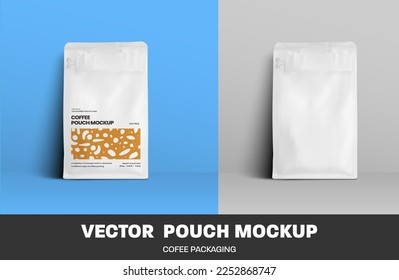 Mockup of white realistic coffee pouch, zip pack, vector packaging, isolated on background. Pack template for grains, drink. Presentation package for advertising, illustration for design.