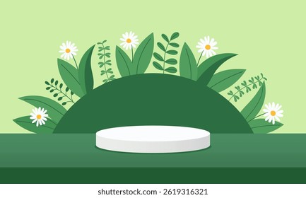 Mockup of white round podium on green ecological background with leaves and flowers. Vector hand drawn template. Place for advertise products. Vector flat background.