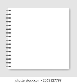 Mockup of a white square notebook with spiral. Shiny metal binder clip. Mockup of a small book, diary, notepad. Copybook, white sheets of paper with black binder