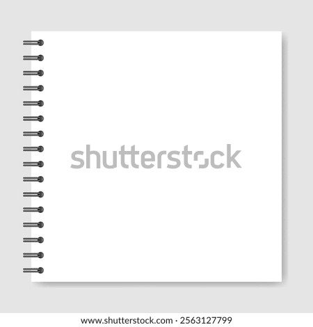 Mockup of a white square notebook with spiral. Shiny metal binder clip. Mockup of a small book, diary, notepad. Copybook, white sheets of paper with black binder