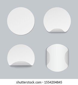 Mockup Of White Sticker Circle Shape With Curved Corner. Set Of Round Adhesive Tag. Blank Bent Sticky Label For Promotion, Sale, Offer. Paper Sticker Template On Isolated Background. Vector Eps10